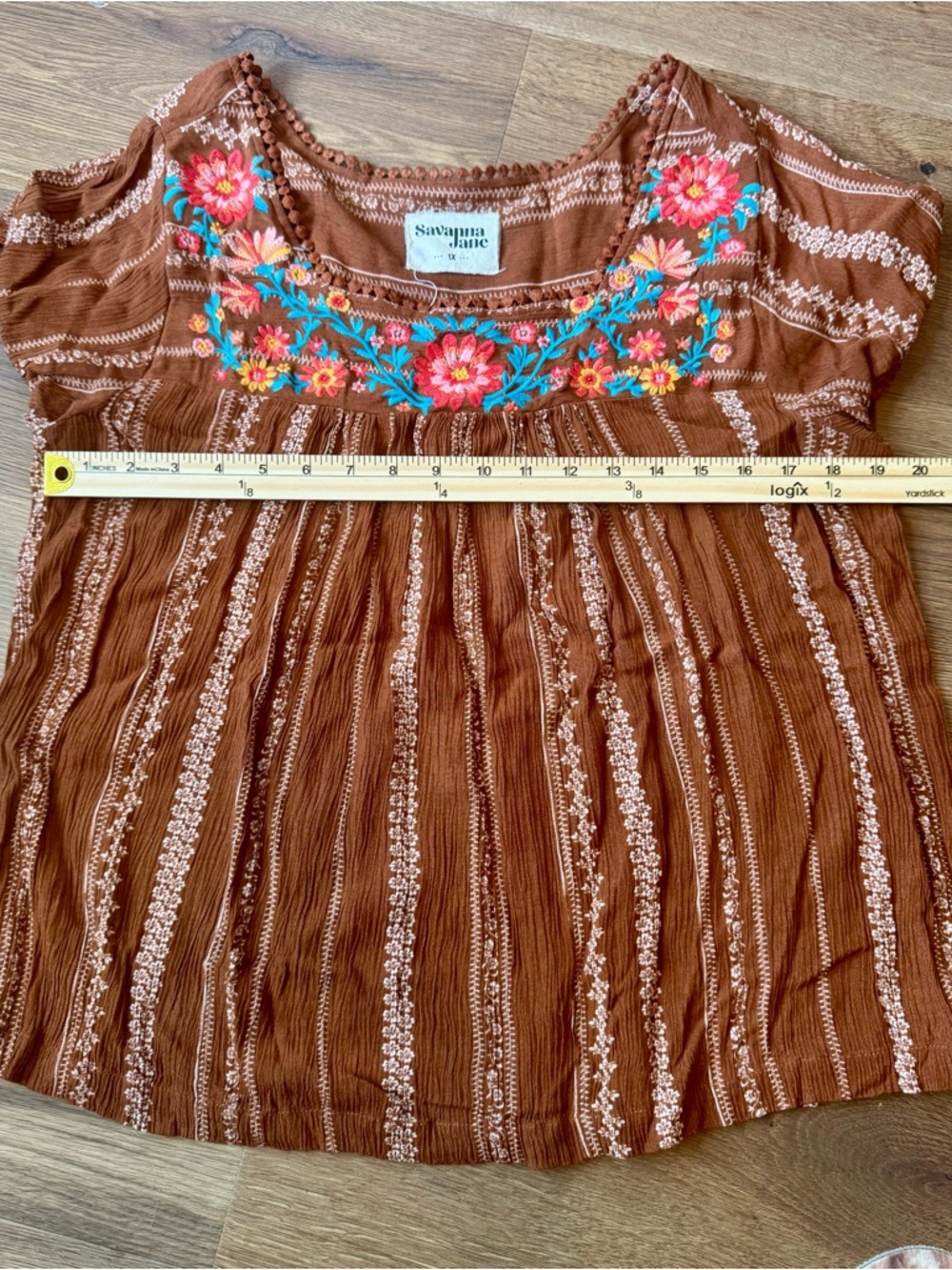 Savanna Jane Brown Embroidered Scoop-Neck Tunic with Multicolor Floral Yoke